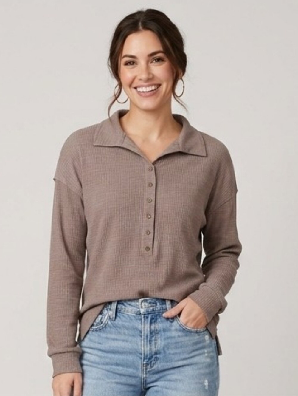 Waffle-Knit Collared Henley Long Sleeve Top - Taupe